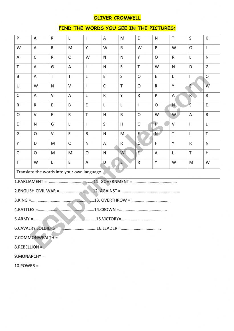 OLIVER CROMWELL - WORDSEARCH  + KEY