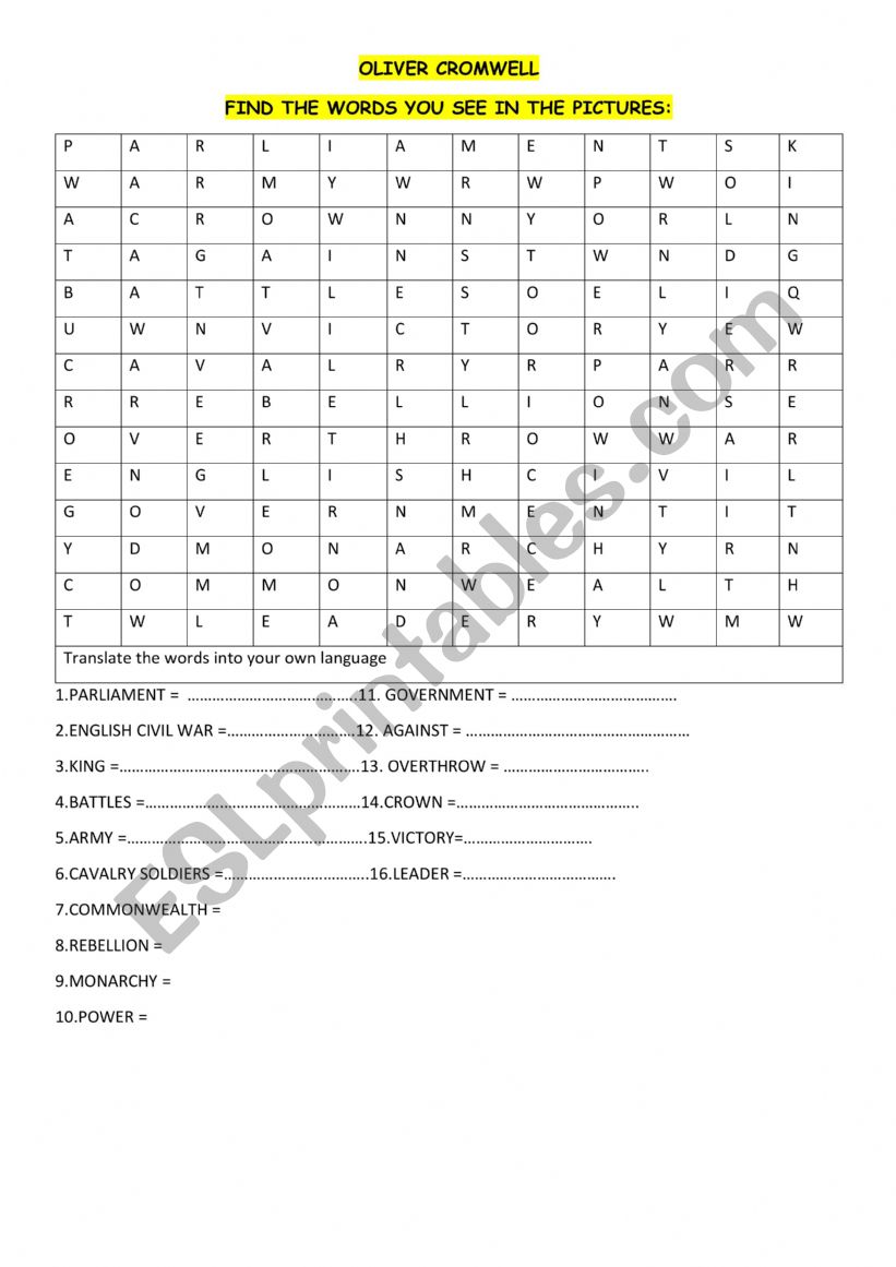 OLIVER CROMWELL - WORDSEARCH  + KEY