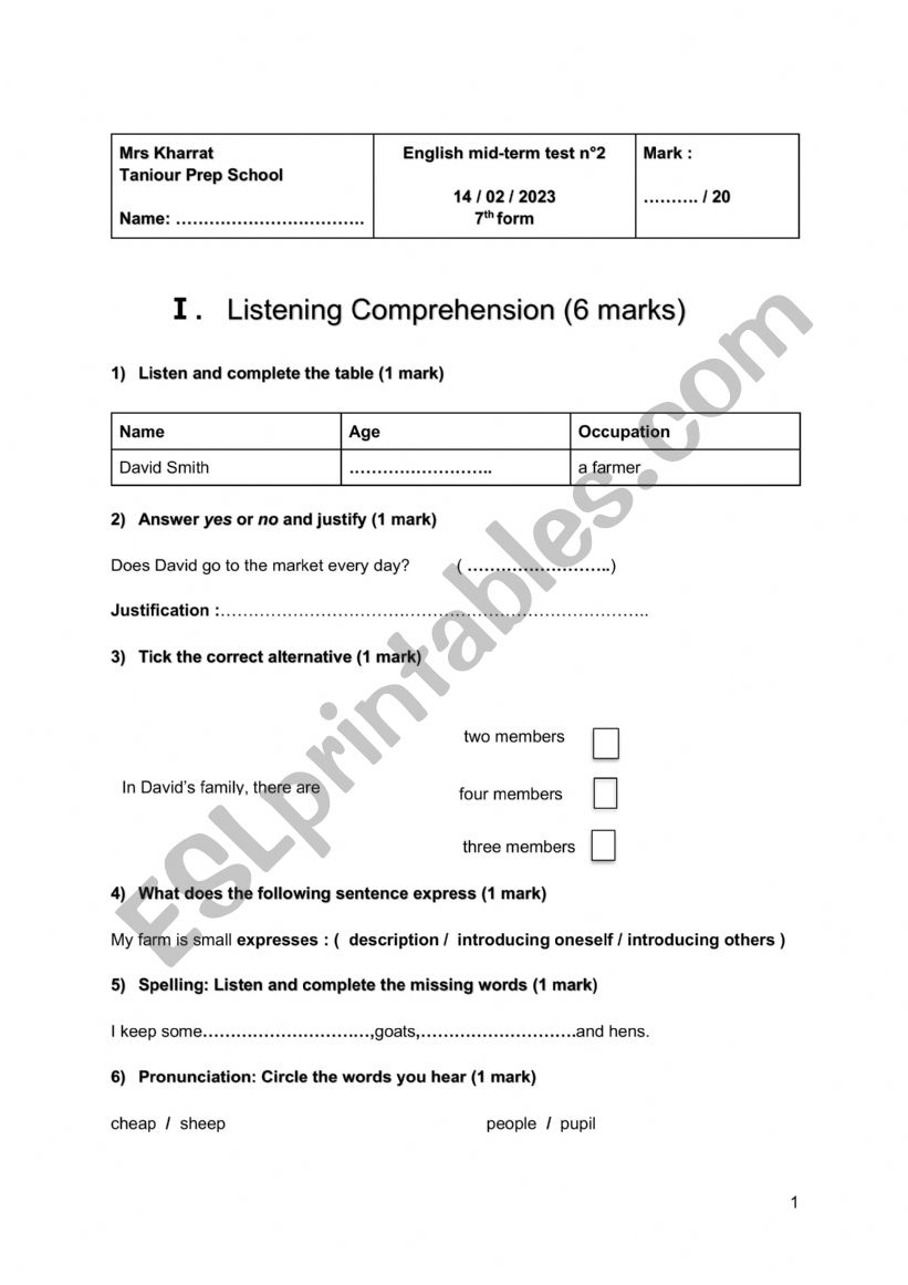 English mid-term 2 test 7th form