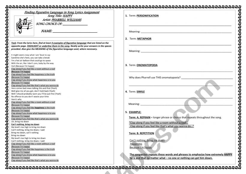 Figurative Language in Songs Assignment
