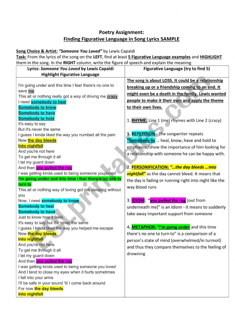 Someone You Loved - Poetry in Songs Answer Key