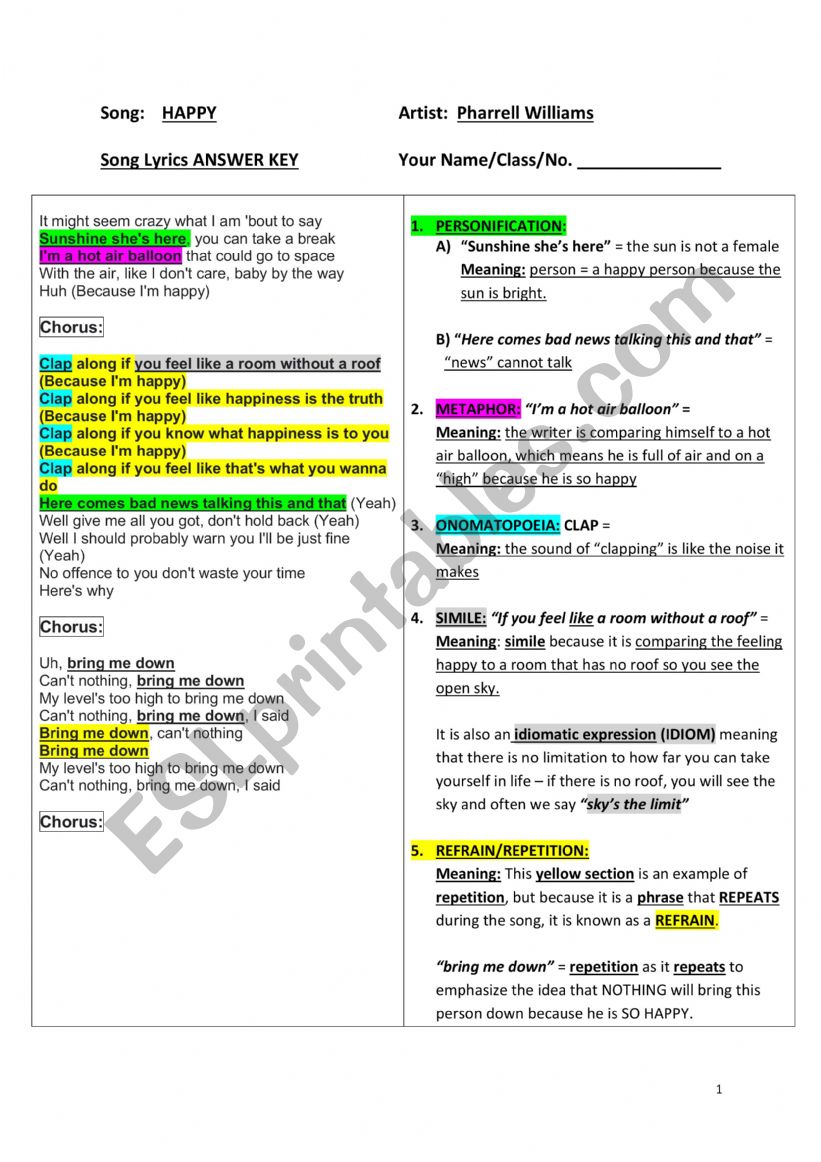 Happy by Pharrell Williams Poetry in Songs Answer KEY