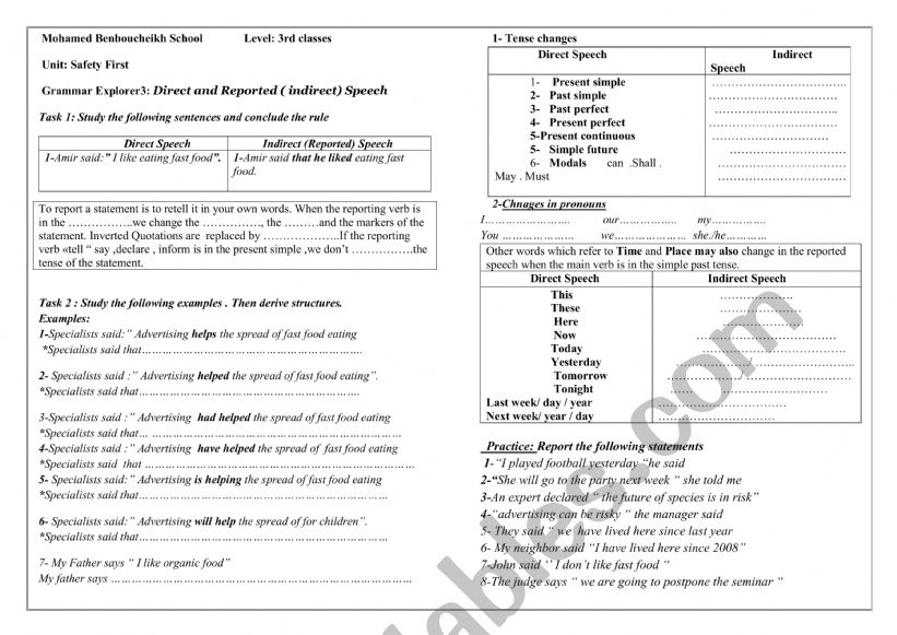 Direct & indirect speech worksheet