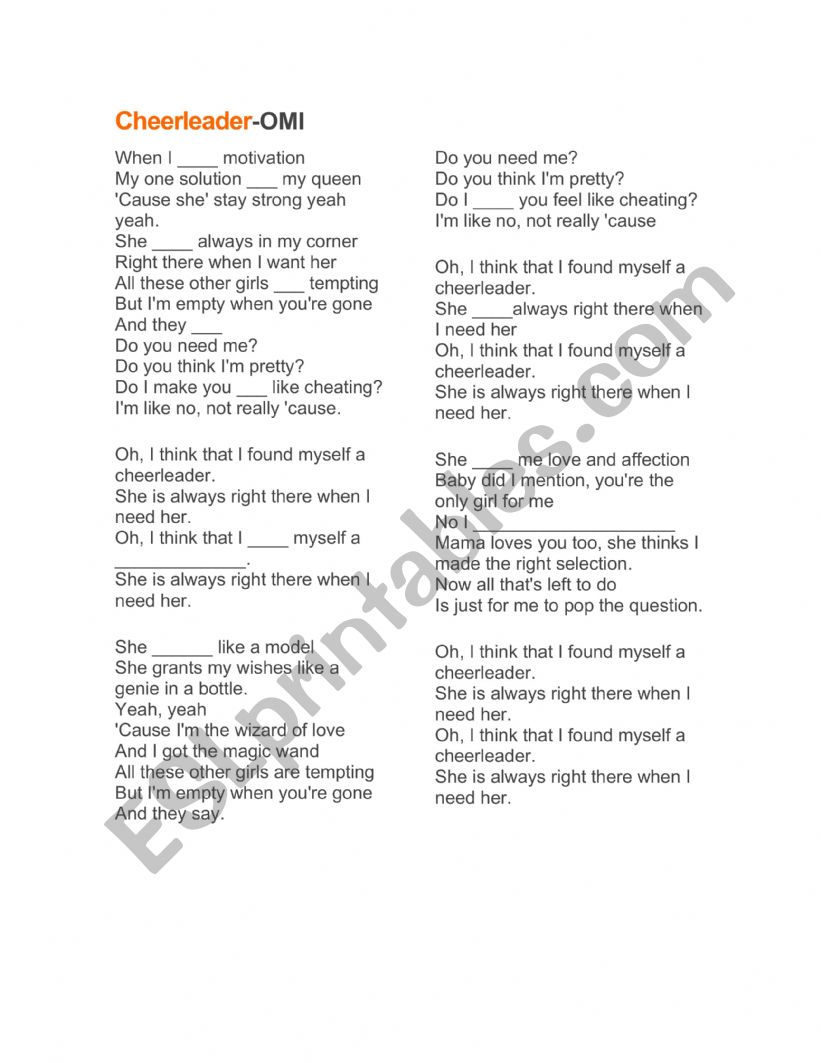 Cheerleader lyric worksheet