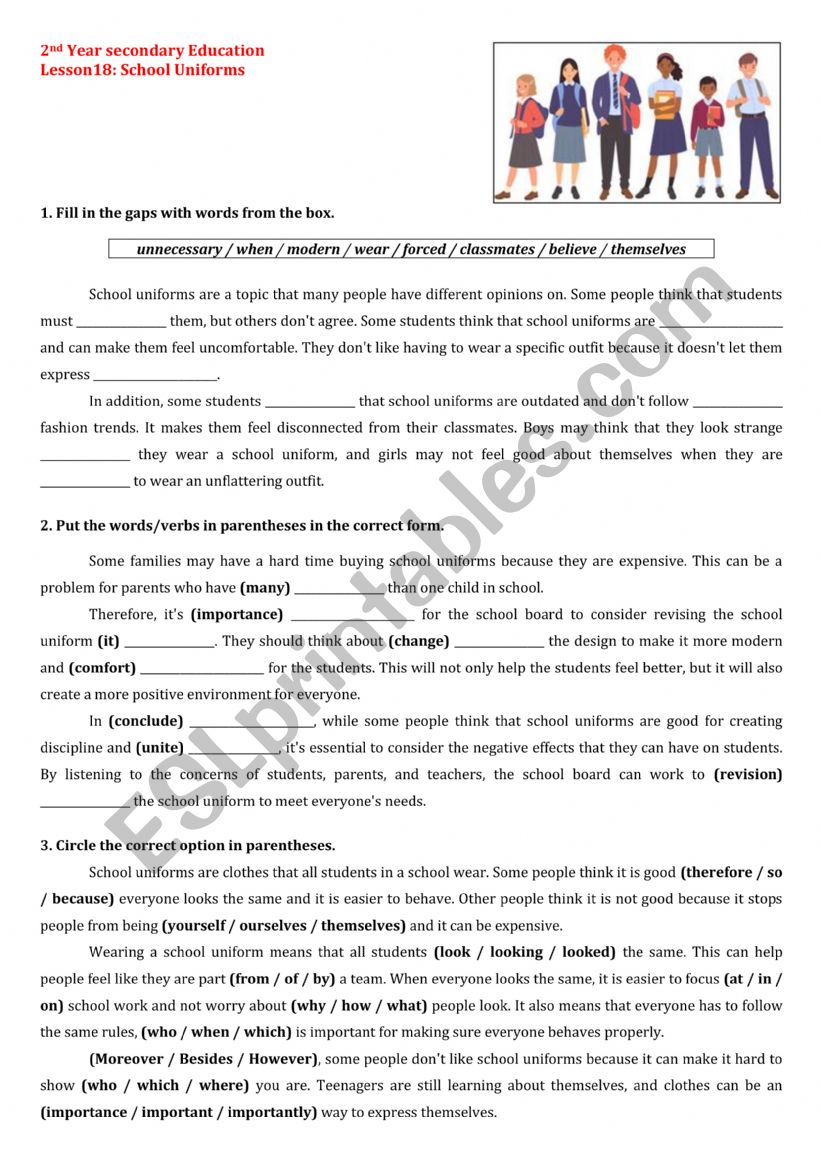 Lesson18: School Uniforms worksheet