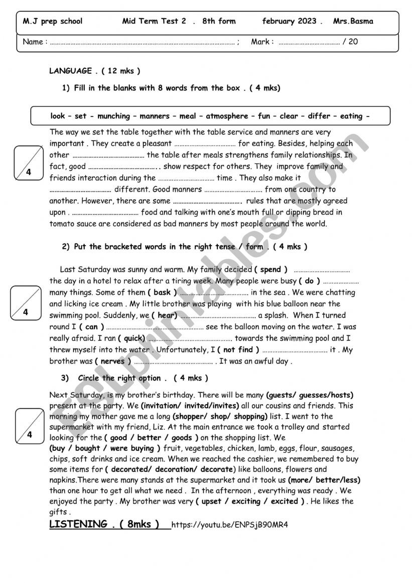 mid term test 2 8th form worksheet