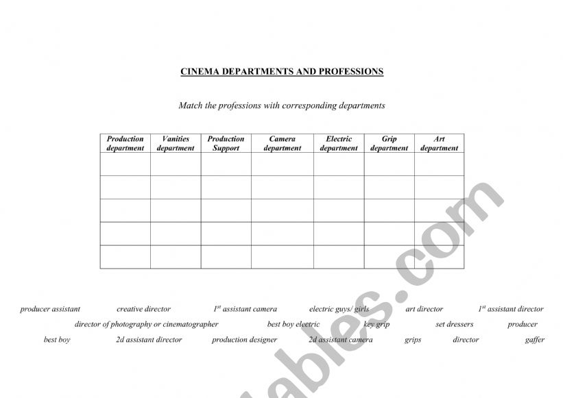 Cinema professions worksheet