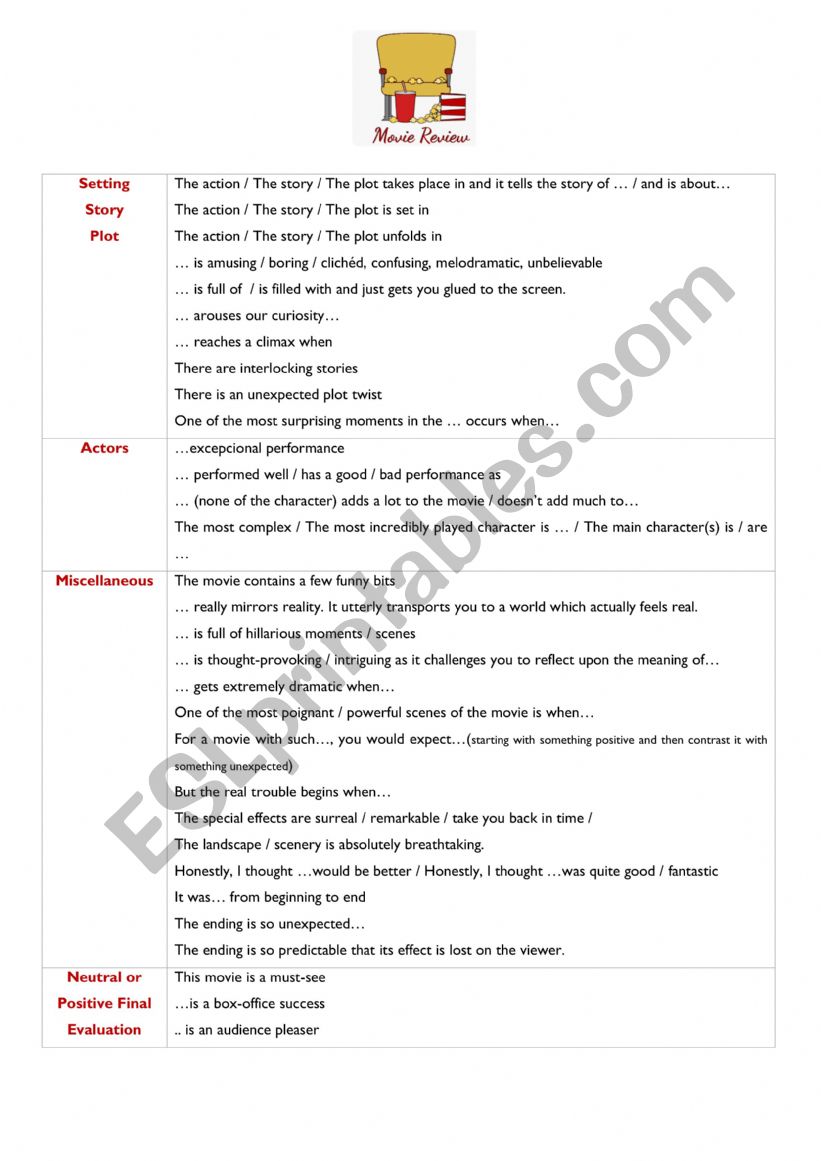 Movie Review worksheet