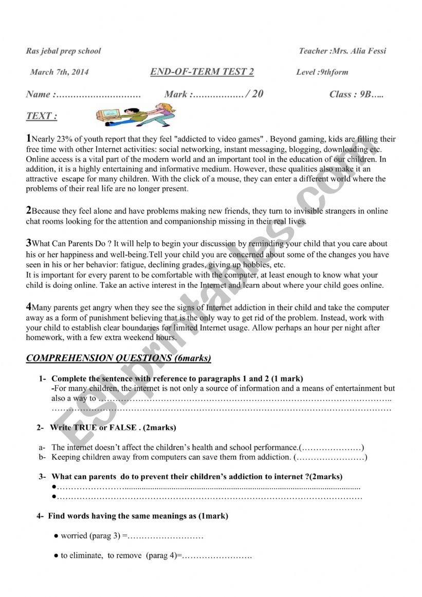 END OF TERM TEST 2 9TH FORM worksheet