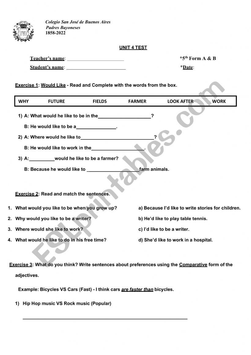 Test 5th Form worksheet