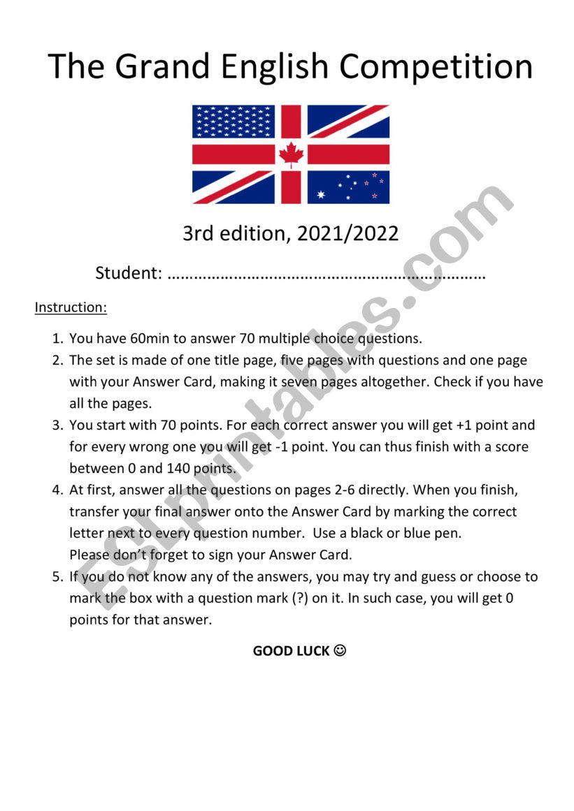 English Speaking Countries Competition Quiz