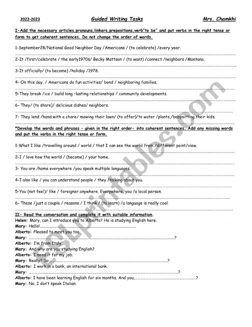 guided writing tasks worksheet