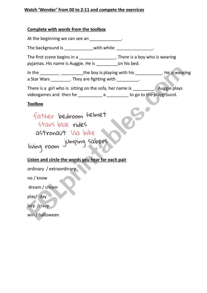 Wonder movie beginning scene worksheet