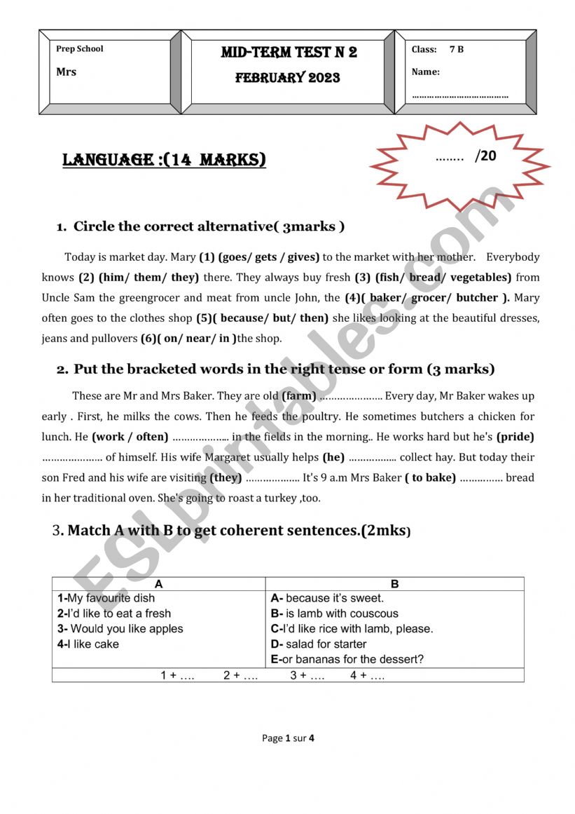 MID TERM TEST N 2 7TH worksheet