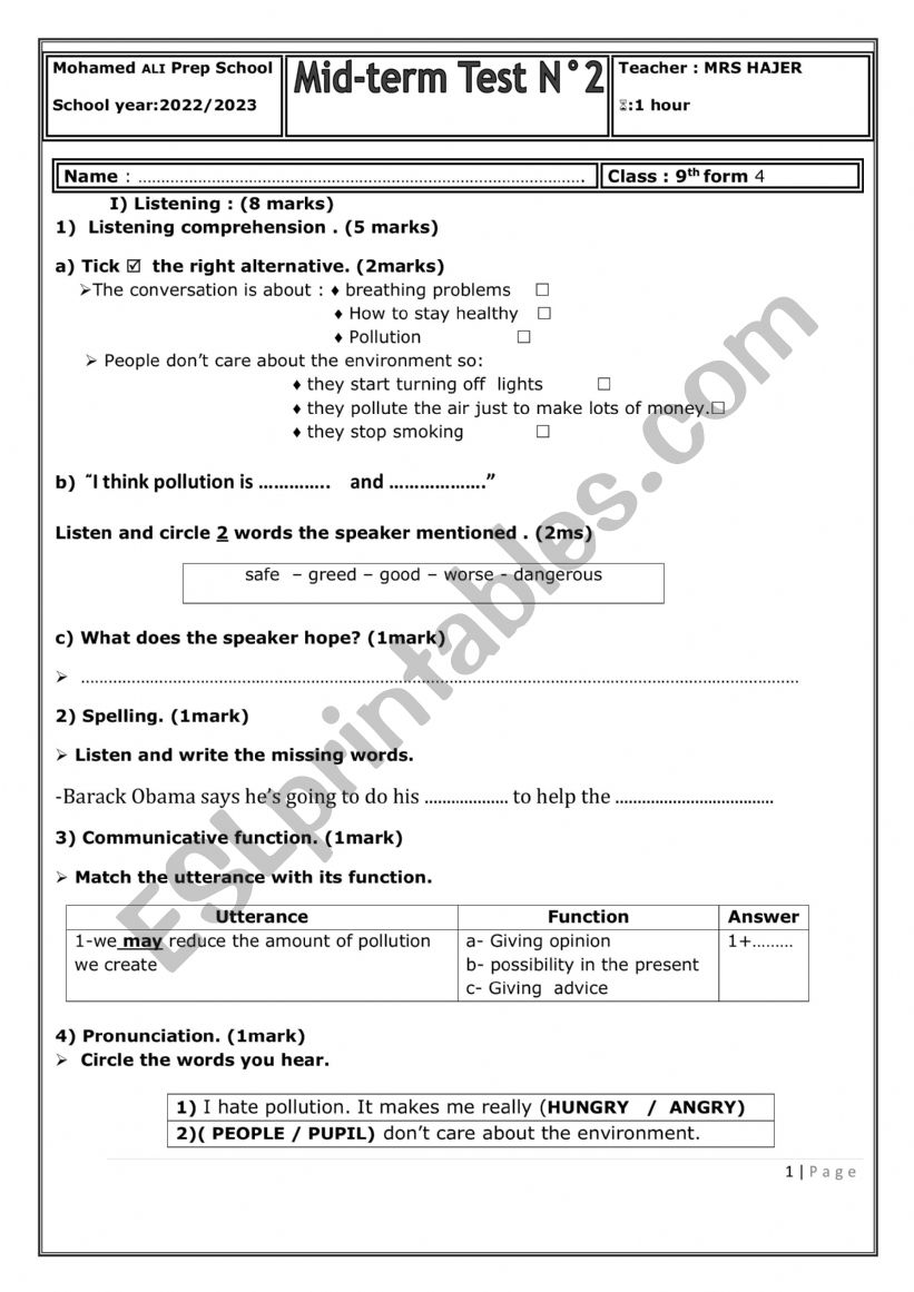 mid term-test-n2-9th-form- worksheet