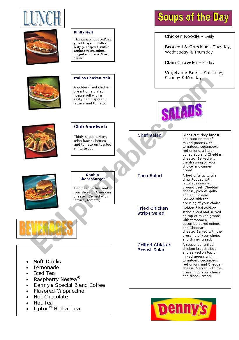 Dennys menu worksheet