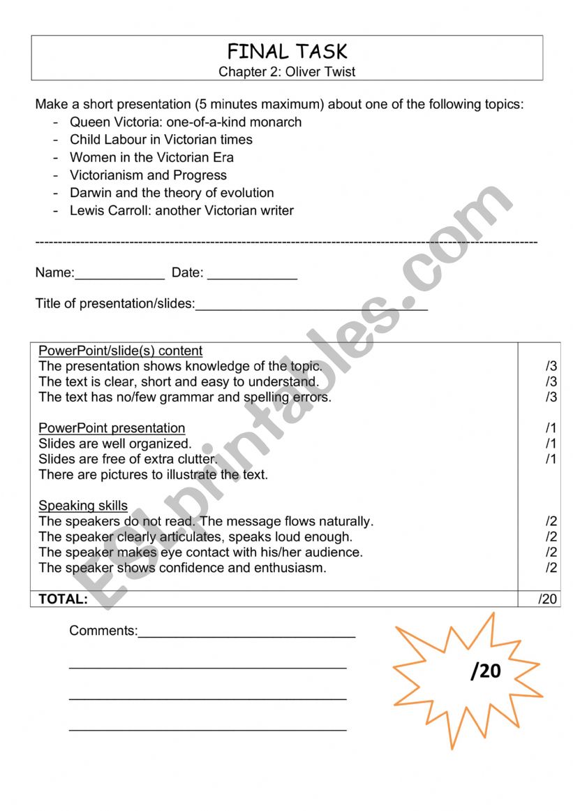 FINAL TASK - Oliver Twist worksheet