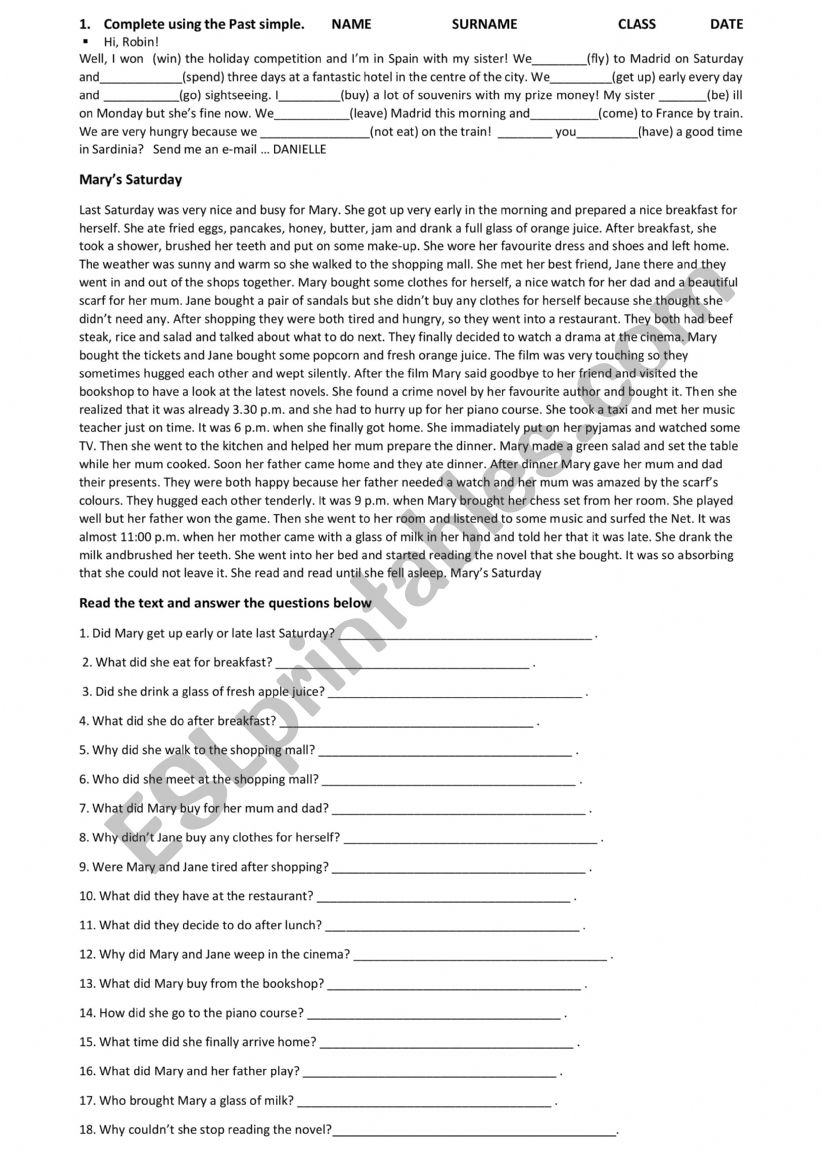 past simple and text comprehension