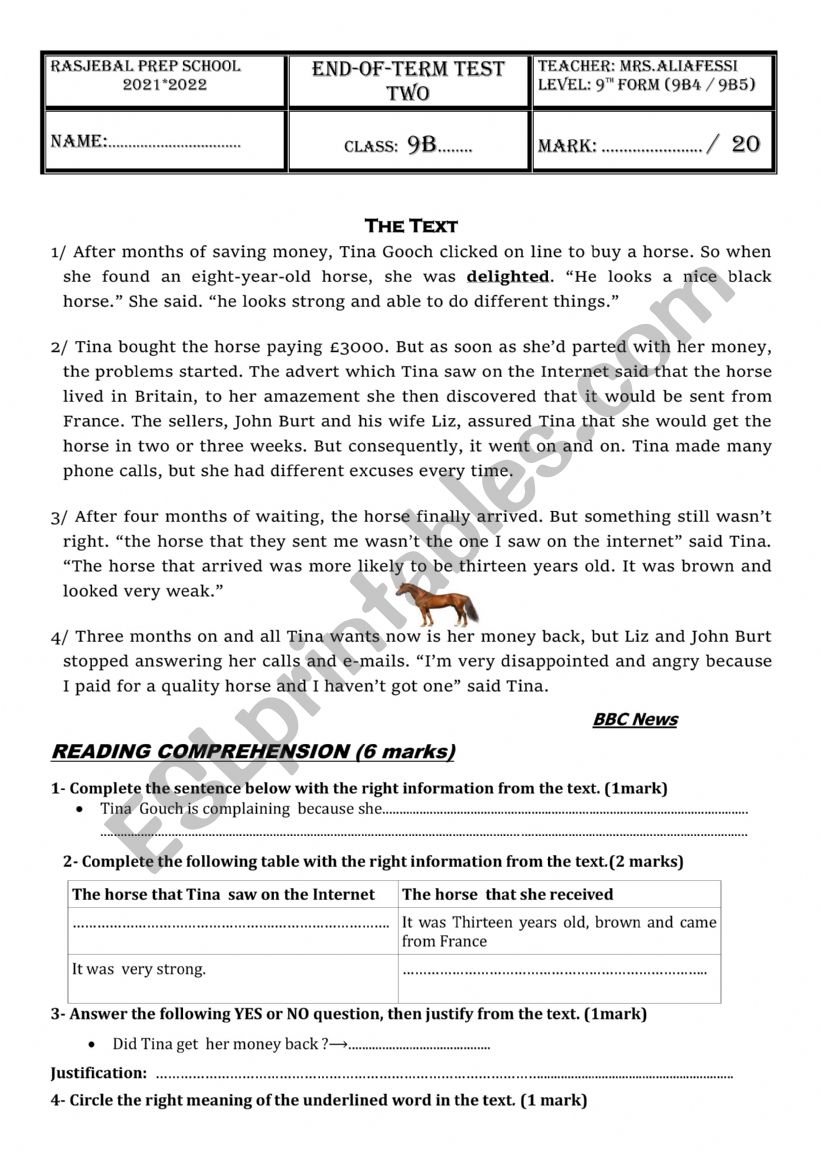 END OF TERM TEST TWO 9TH FORM worksheet