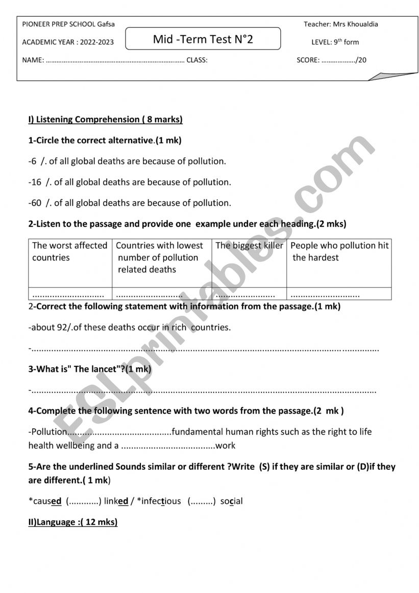 Mid-Term English Test NÂ°2 worksheet
