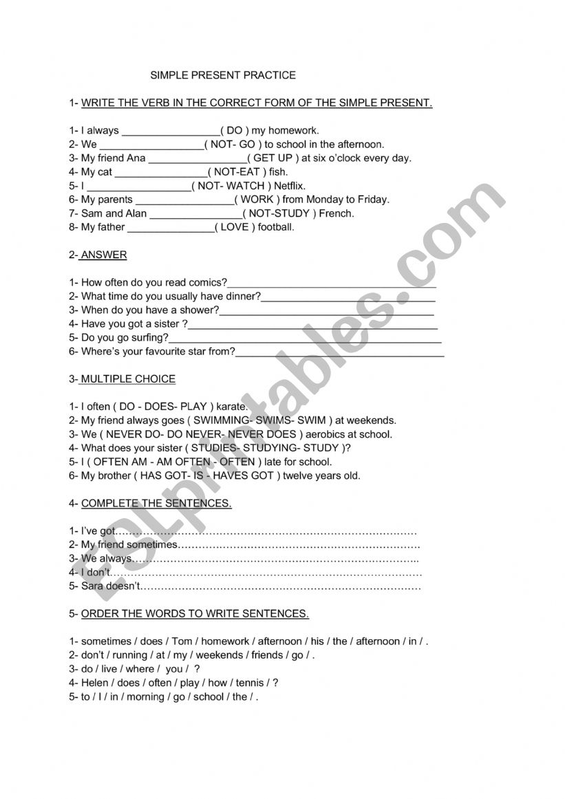 Simple present practice worksheet