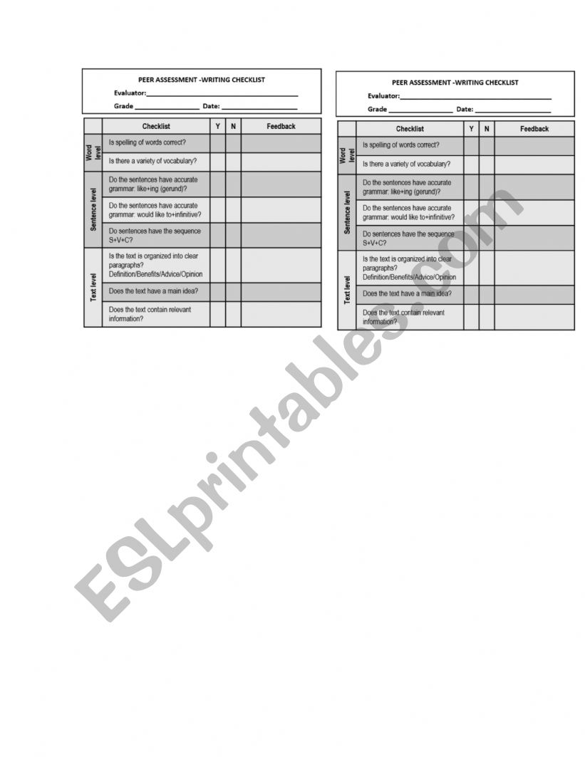 PEER ASSESSMENT -WRITING CHECKLIST