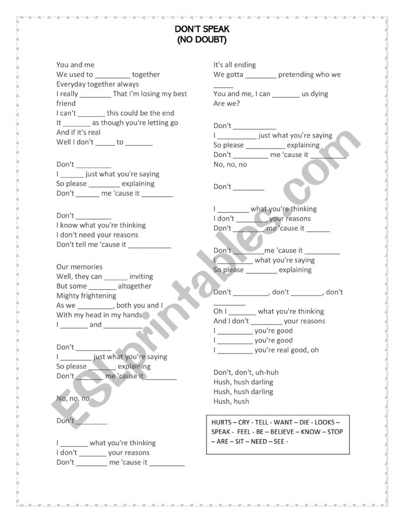 SONG DONT SPEAK worksheet