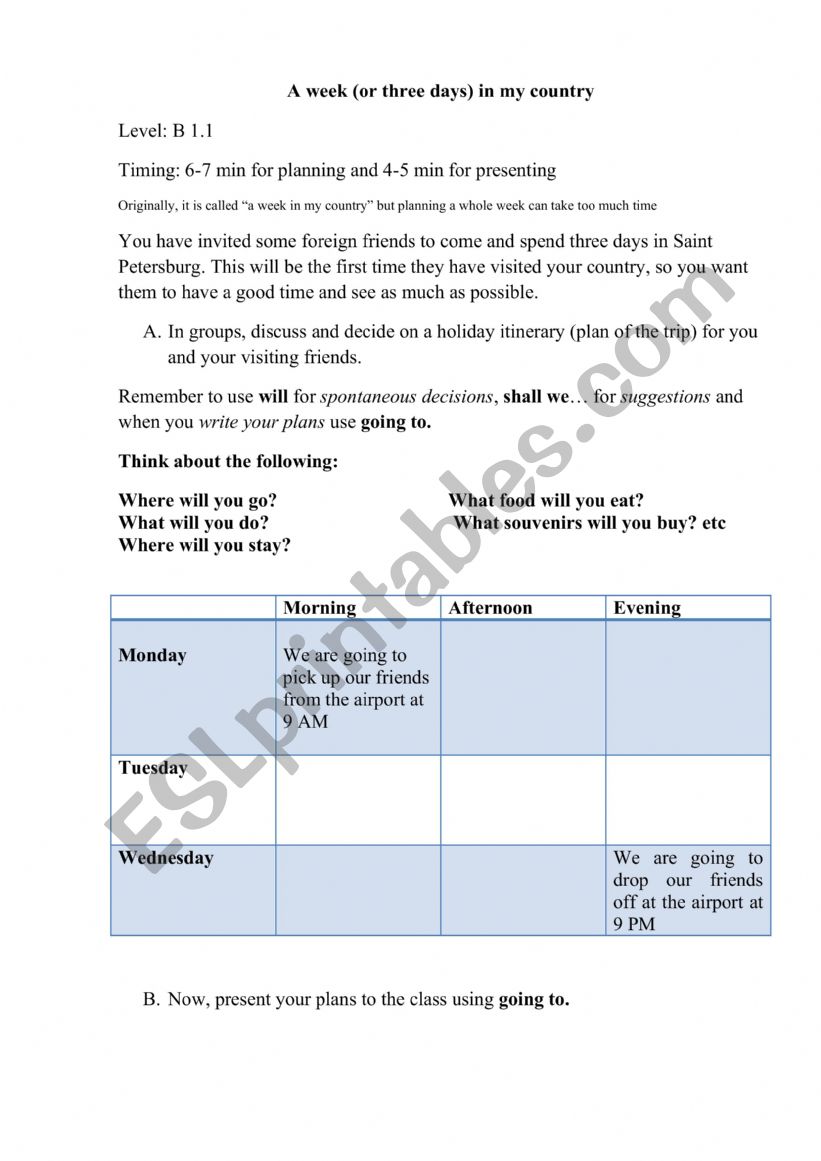 a week in my country - speaking activity