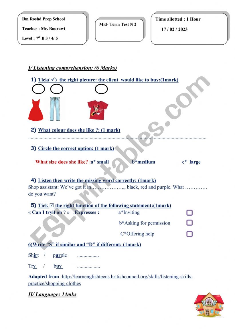 mid 2nd term test 7th grade worksheet