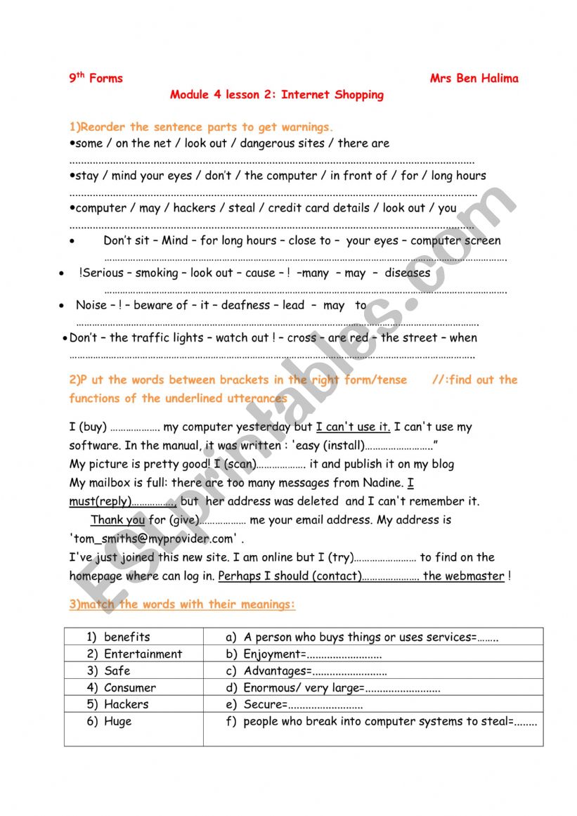 Internet Shopping worksheet