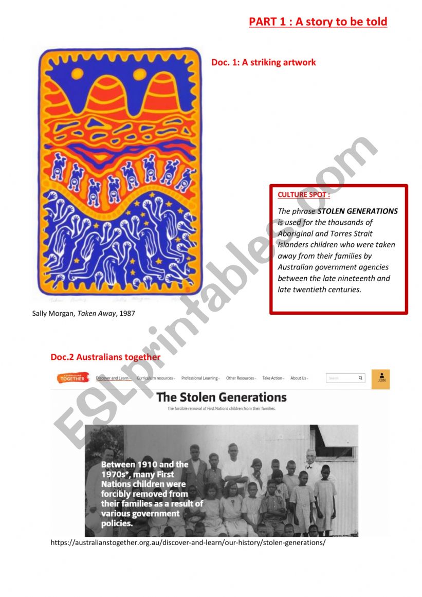 STOLEN GENERATIONS worksheet