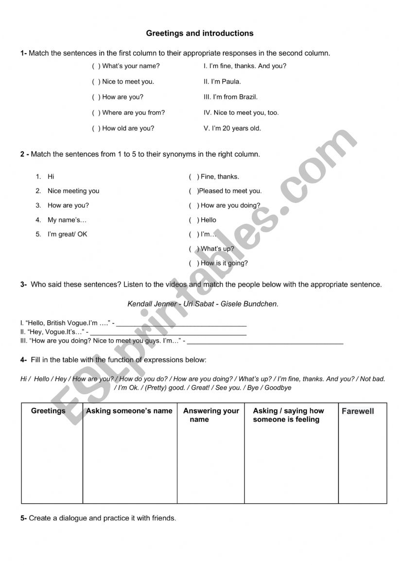 Greetings and introductions worksheet