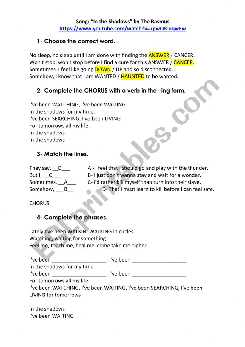 In the shadows worksheet