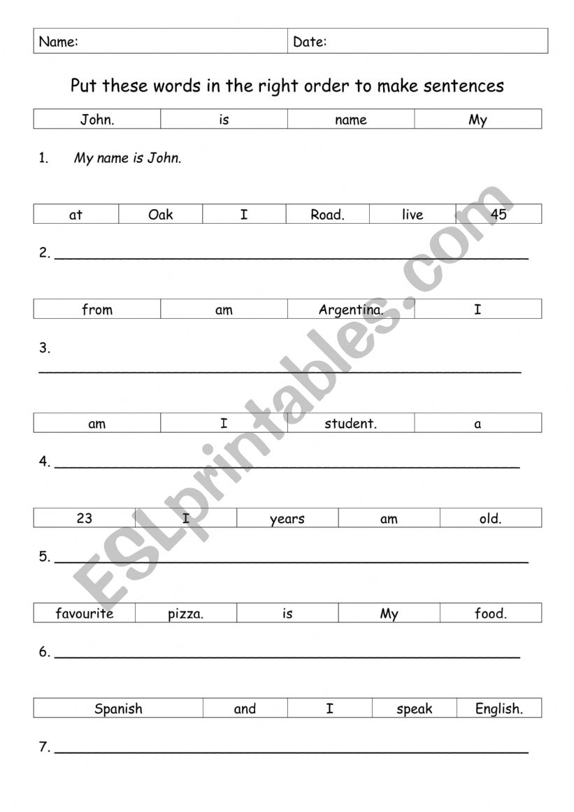 Personal Information worksheet