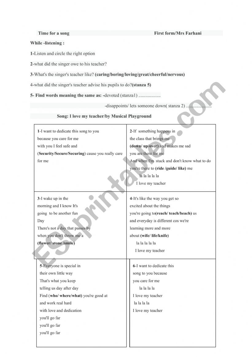 Time for a song worksheet