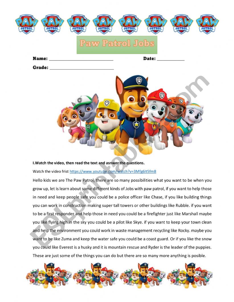 Jobs Paw Patrol worksheet