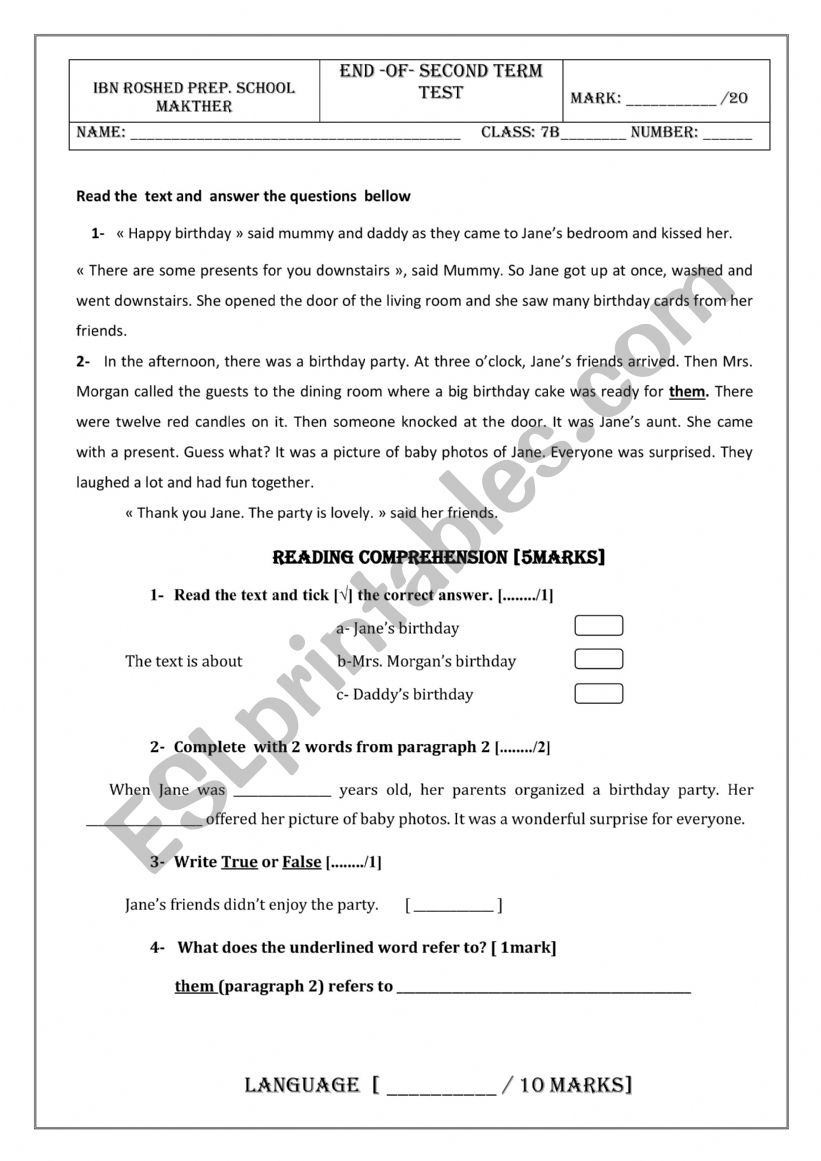 end- term test 7th form worksheet