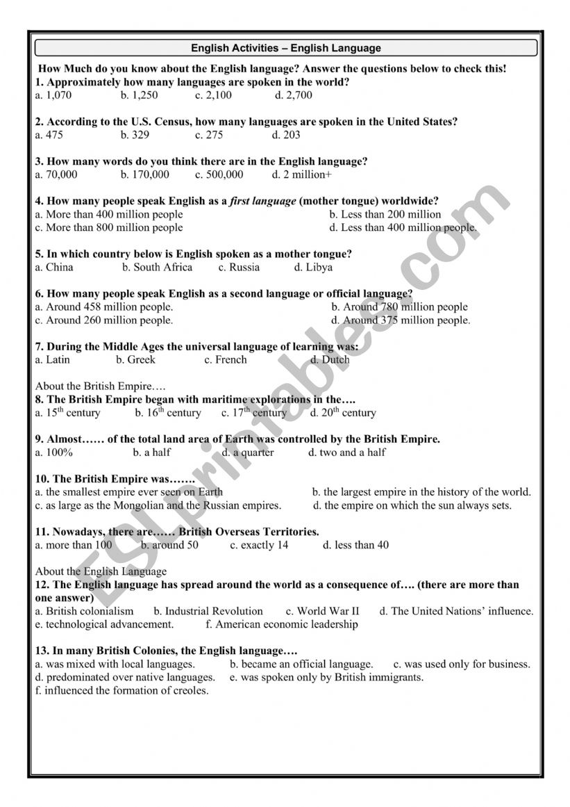 History of English Language worksheet