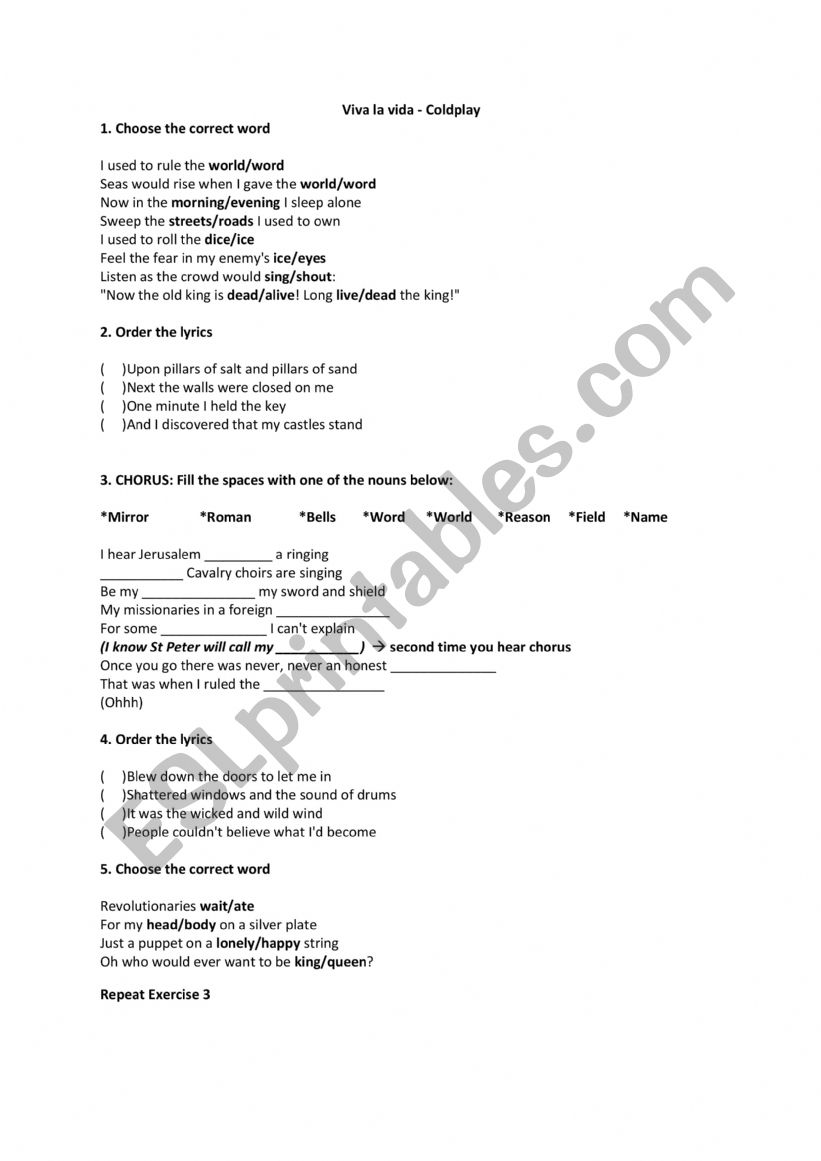 Viva la Vida worksheet