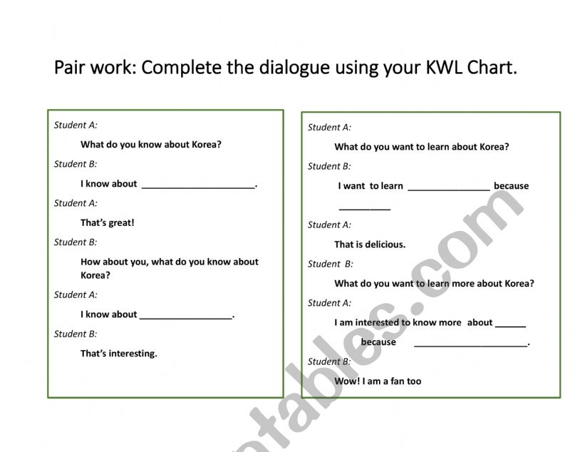 Speaking using KWL chart worksheet