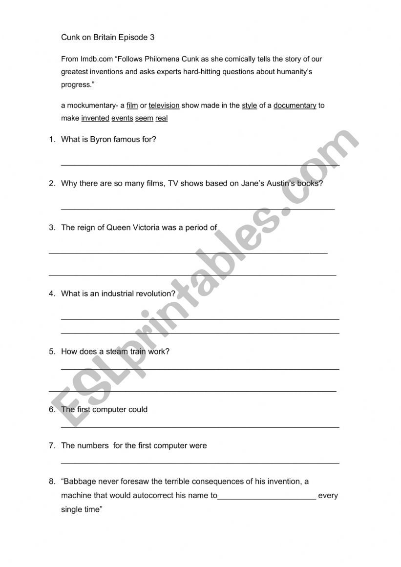 Cunk on Britain episode 3 worksheet