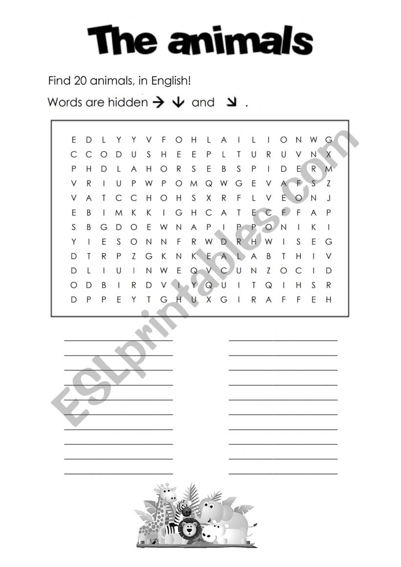 Animals wordsearch worksheet