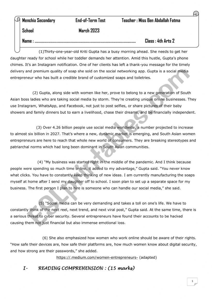 end of term exam worksheet