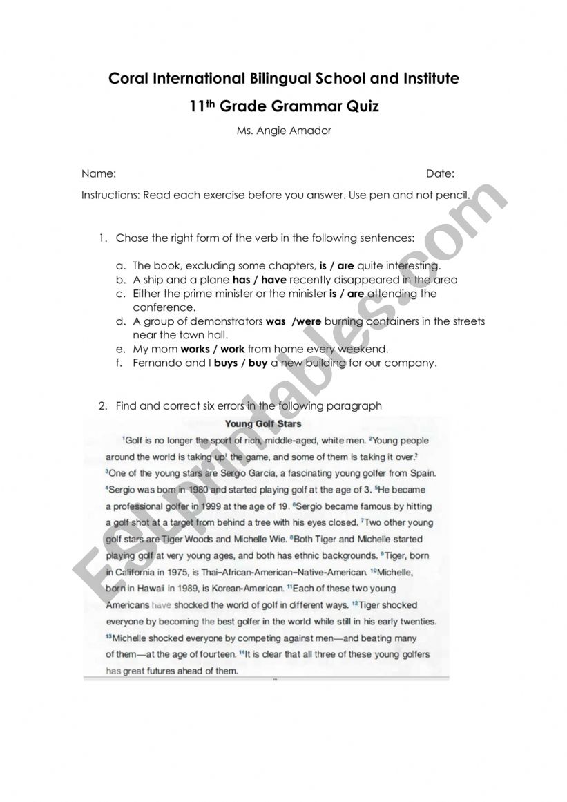 Diagnostic test worksheet