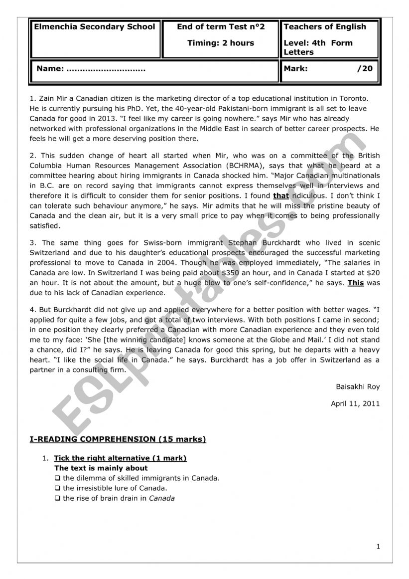 BAC end of term exam n2 worksheet