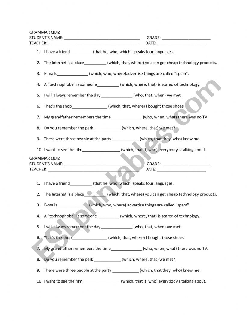 Grammar quiz about relative clauses