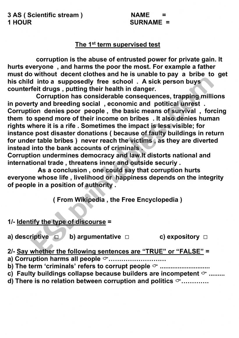 corruption exam worksheet