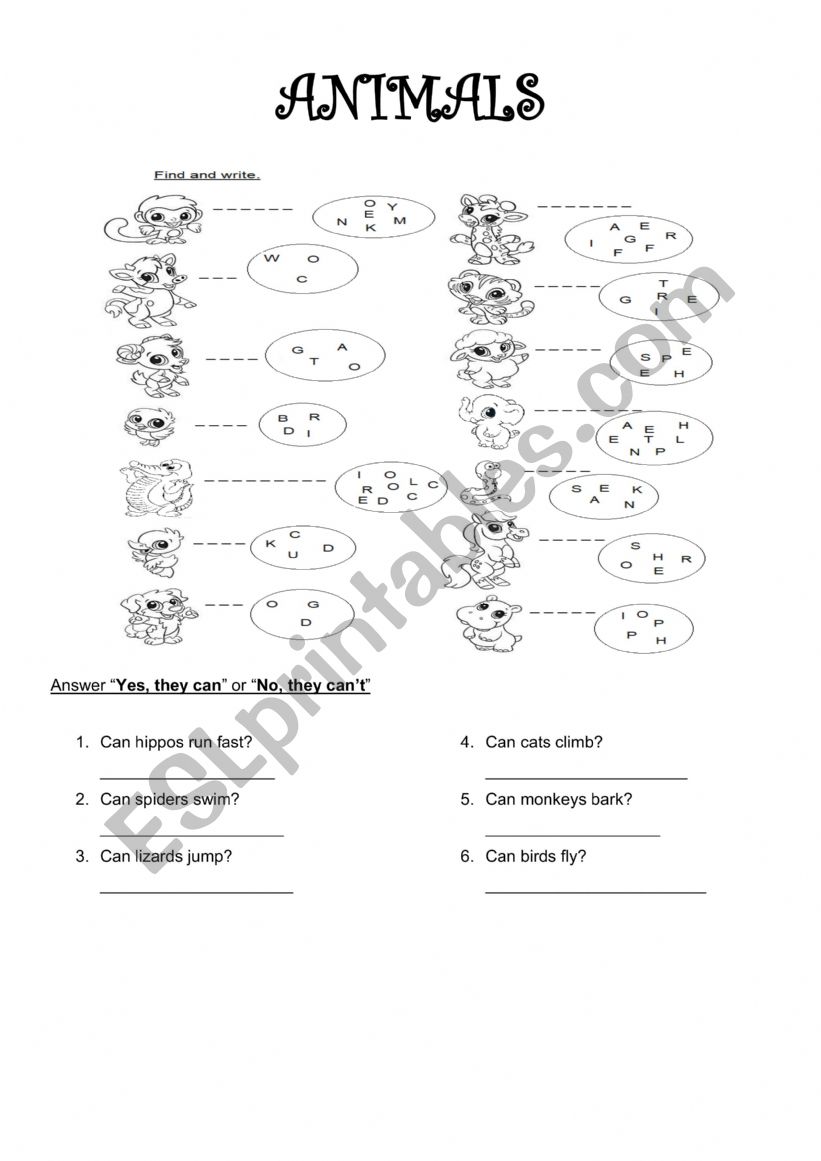 Animals worksheet