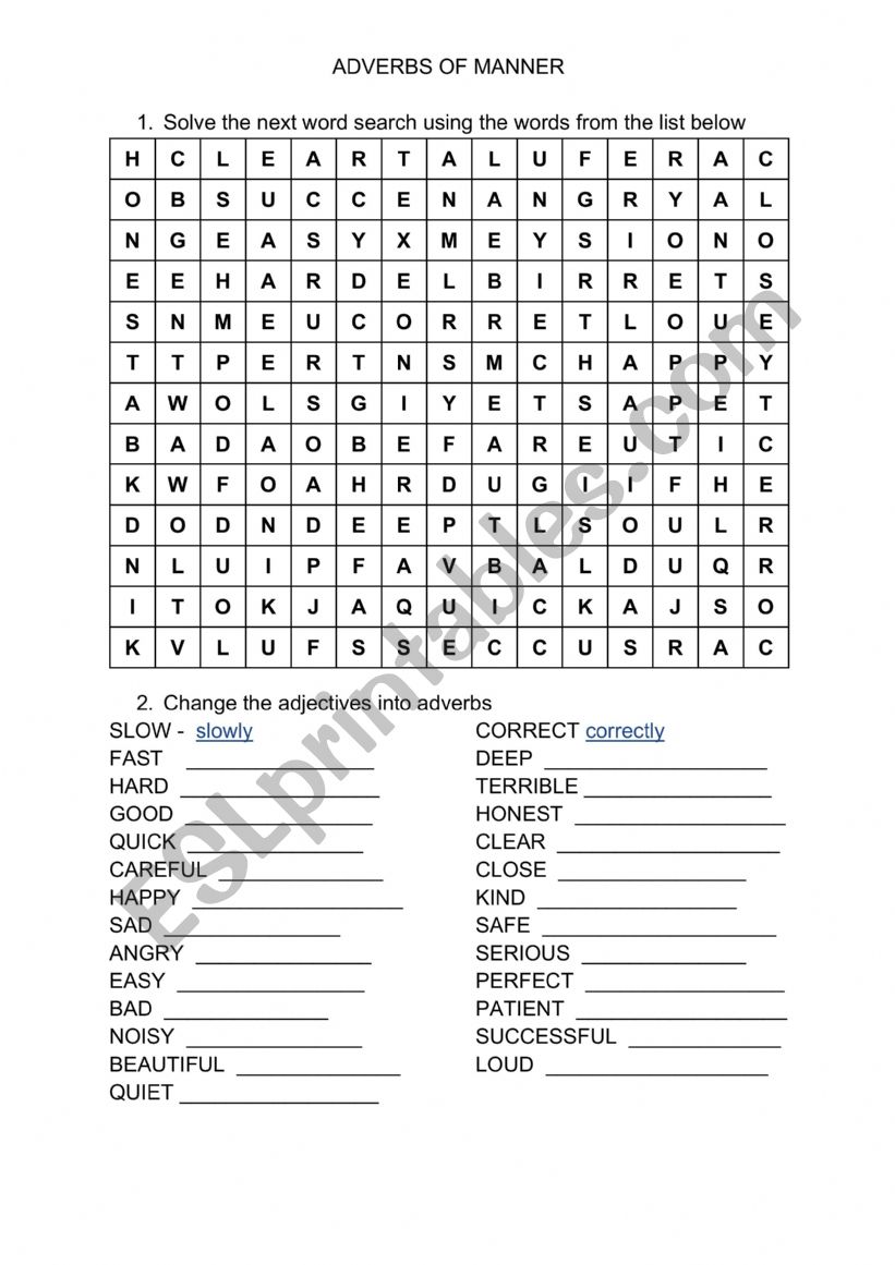 ADVERBS OF MANNER worksheet