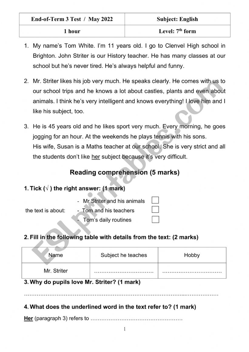 End-of-Term 3 Test  7TH FORM worksheet